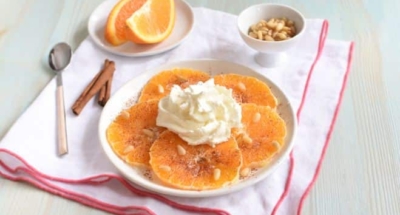 Carpaccio van sinaasappel, kaneel en pijnboompitten, “Crema al Mascarpone” - Galbani