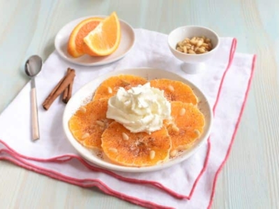 Carpaccio d’orange, cannelle et pignon, “Crema al mascarpone” - Galbani