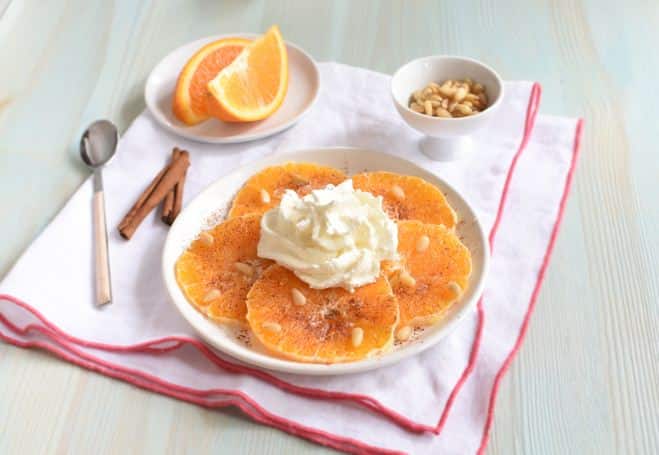 Carpaccio d’orange, cannelle et pignon, “Crema al mascarpone” - Galbani